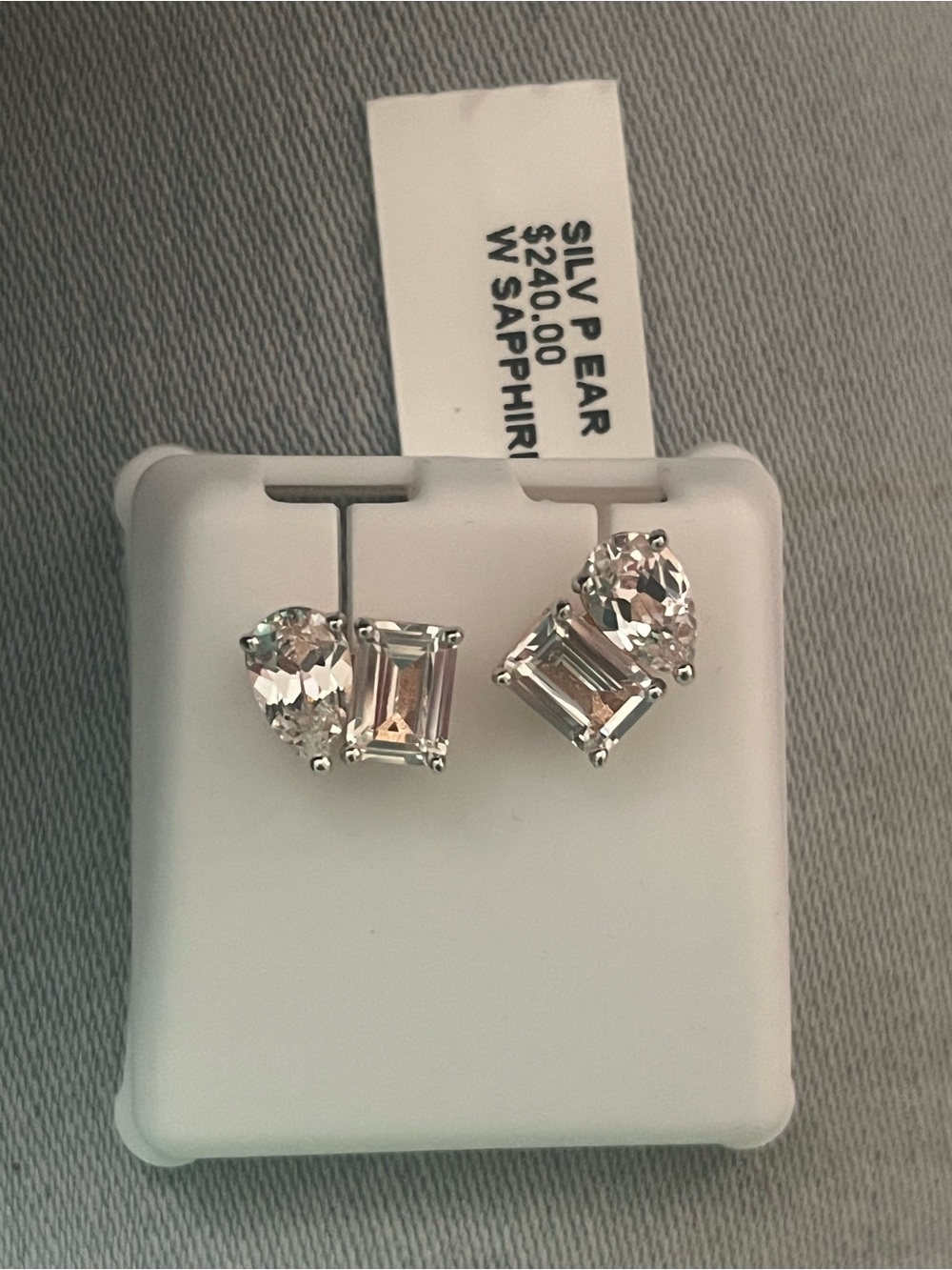 Silver Sapphire-emerald Cut and  pear Stud Earrings - White